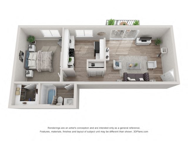Floor plan for 1 bed, 1 bath, 683 sqft
